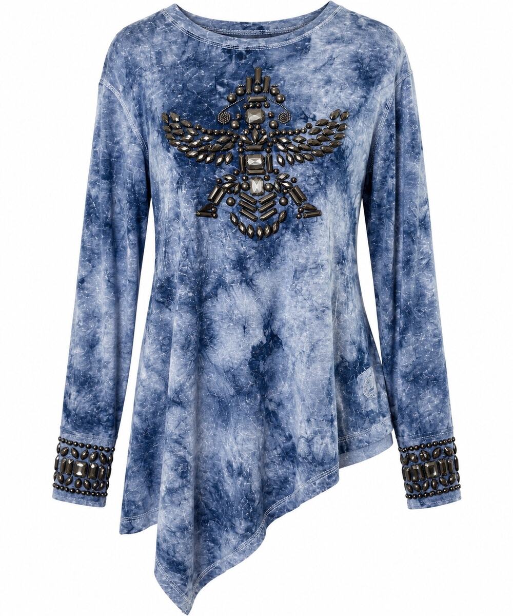 Double D Ranch Blue Mineral Wash 3D Embellished Asymmetrical Top